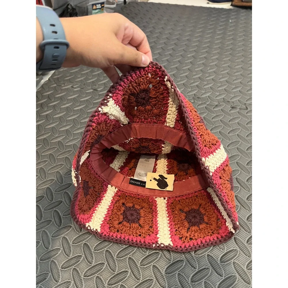 Lucky Brand Bucket Hat Womens OS Multicolor Crochet Granny‎ Square Boho Retro